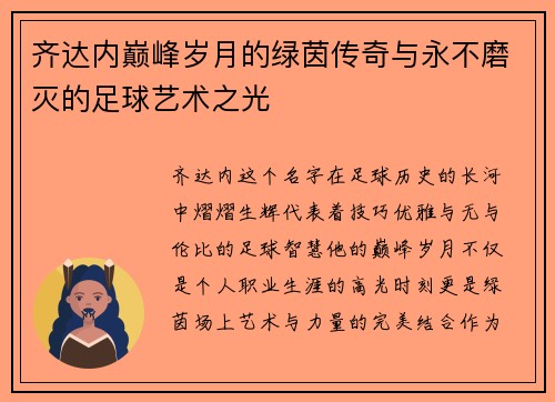 齐达内巅峰岁月的绿茵传奇与永不磨灭的足球艺术之光